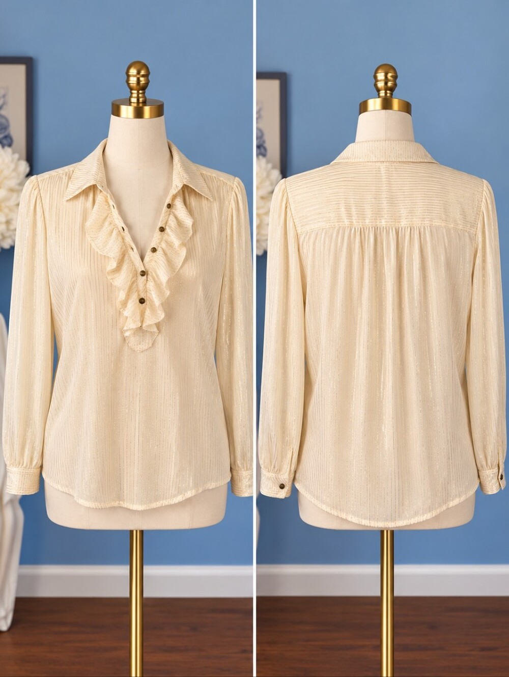 Ella Moss Silk Gold Metallic Pinstripe Ruffle V-Neck Blouse Cream L